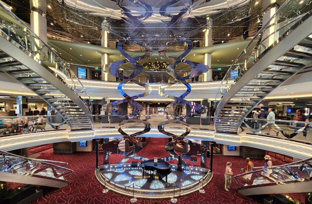 Swarovski stairs in the main lobby with a piano